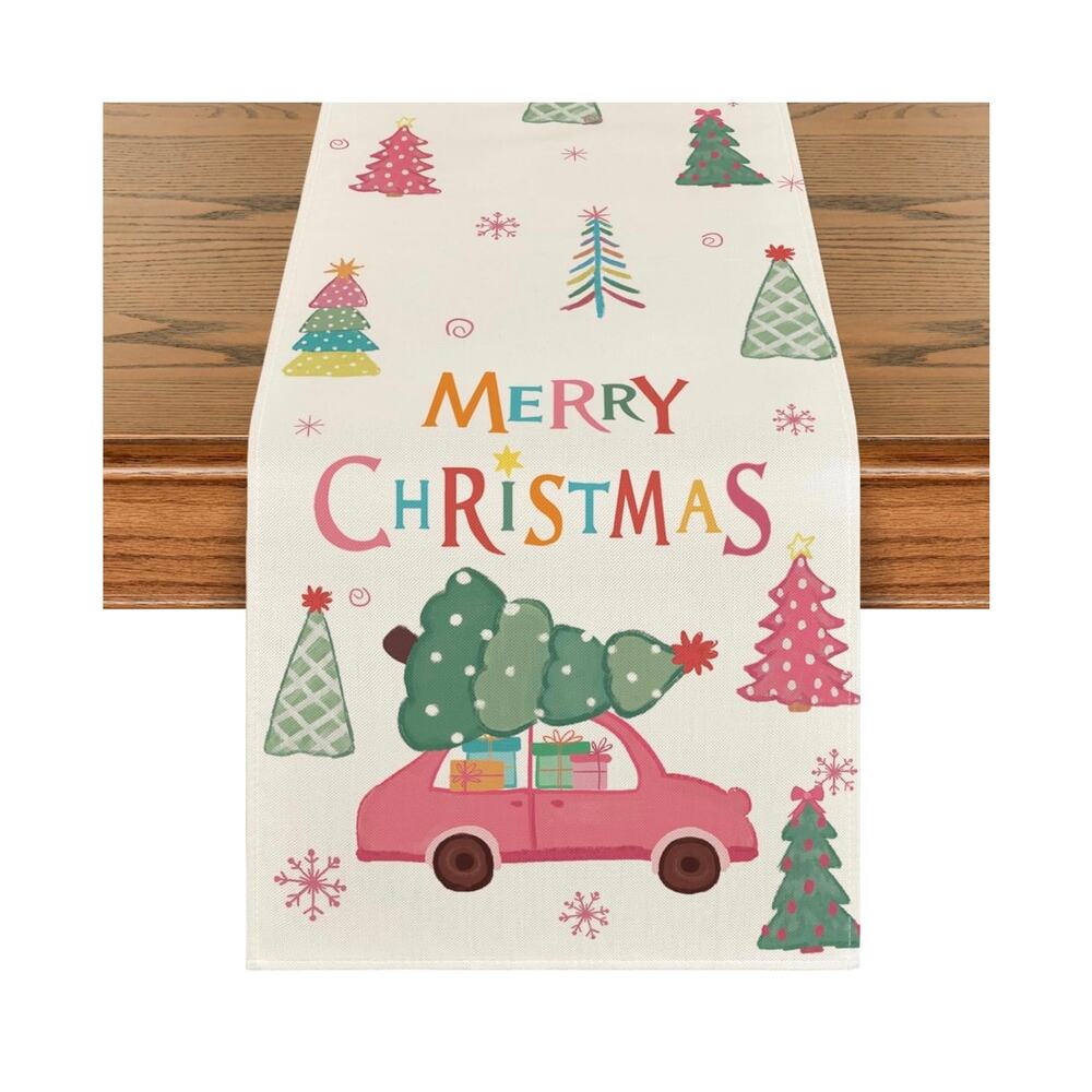 Artoid Mode Xmas Trees Pink Car Snowflake Merry Christmas Table Runner 13x72 Inc